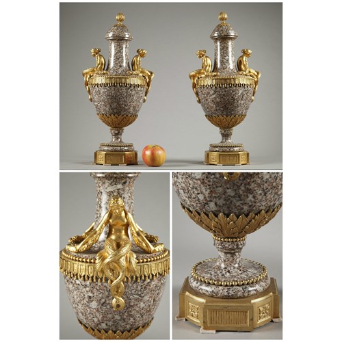 Mid-19th century pair of vases in Ural granite and gilt bronze